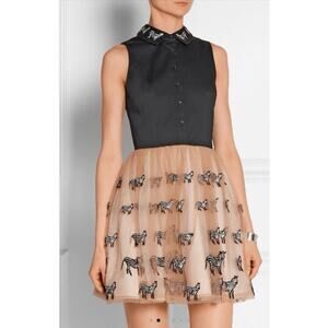 Alice+Olivia Preena Zebra Embroidered Pouf Shirt tulle dress Black Beige Sz XS
